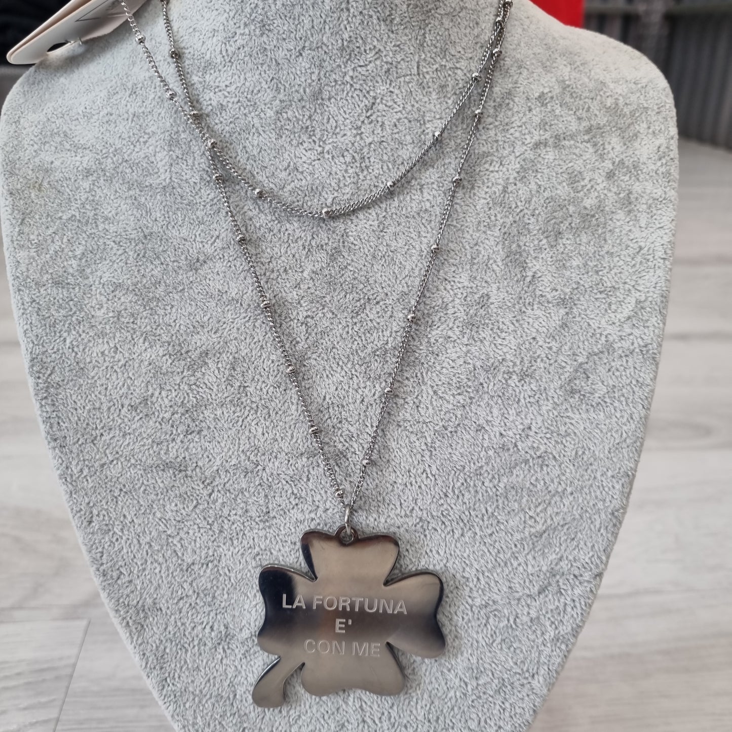 Collana lunga quadrifoglio in acciaio