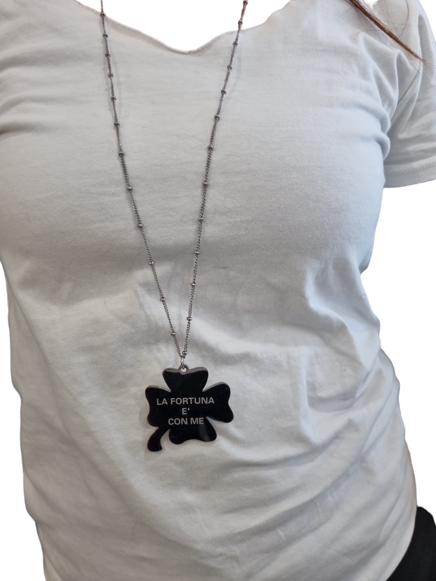 Collana lunga quadrifoglio in acciaio