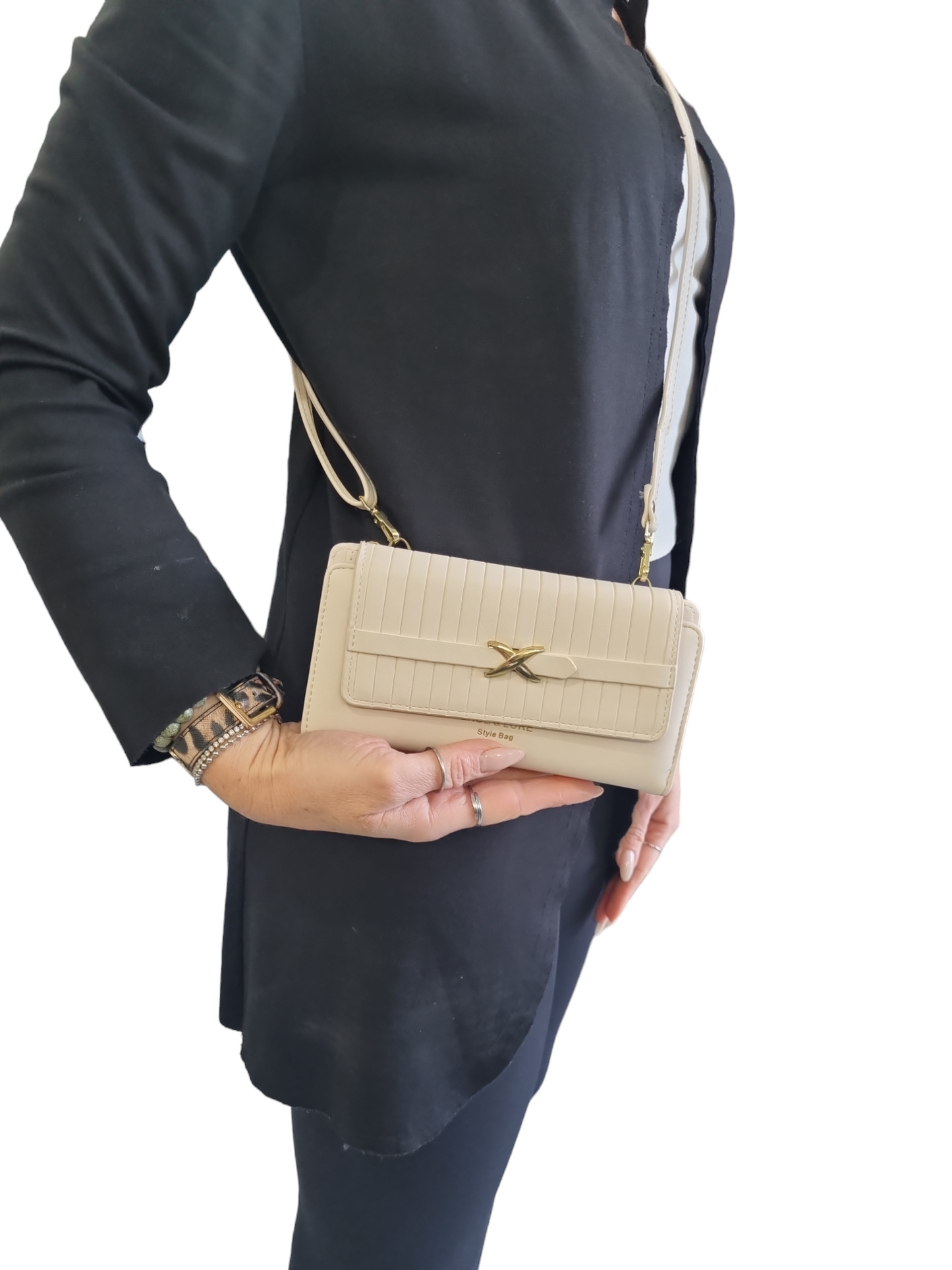 Portafogli tracolla donna celeste polvere beige