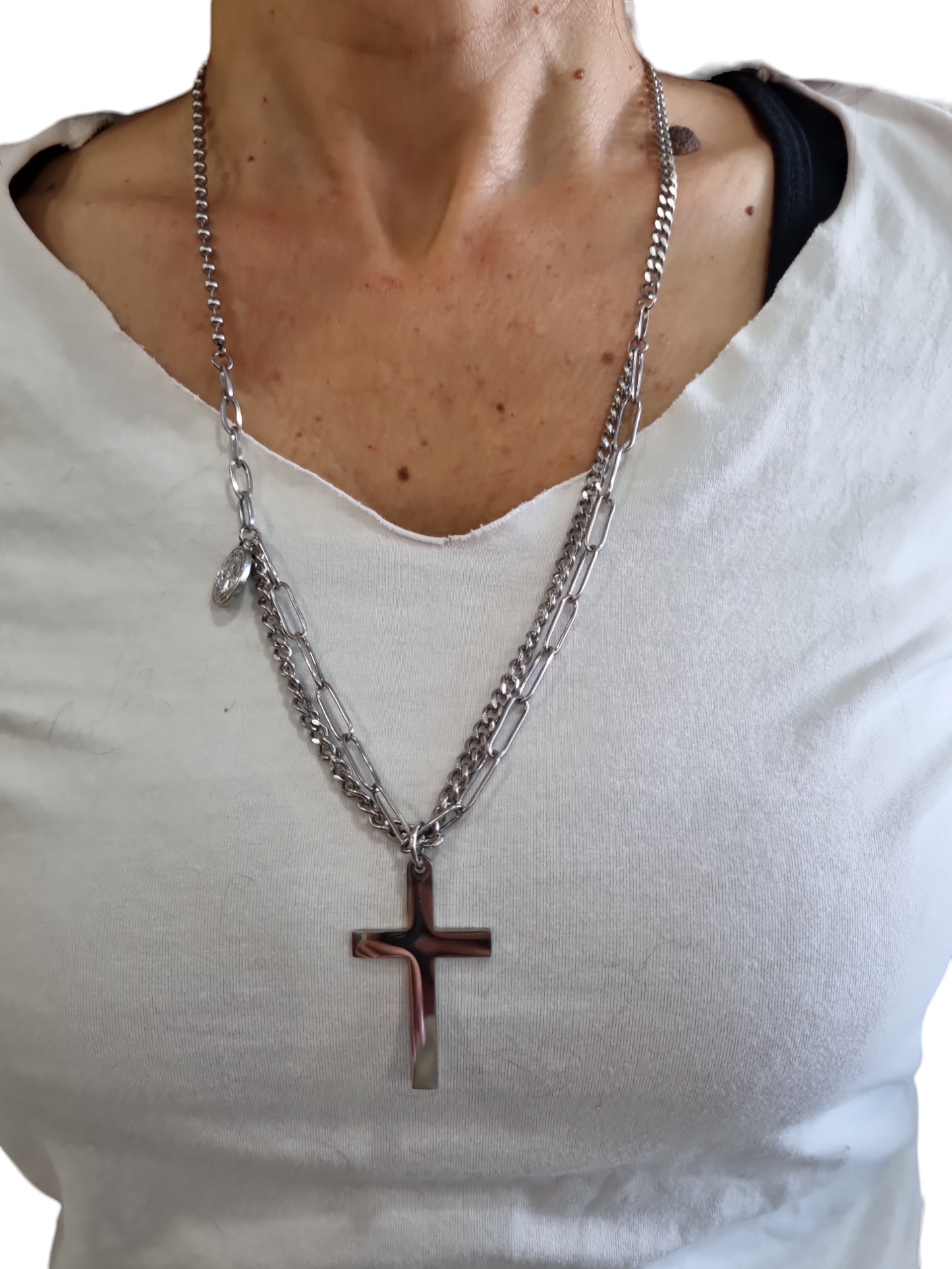 Collana a catena 2 fili in acciaio con croce e madonnina