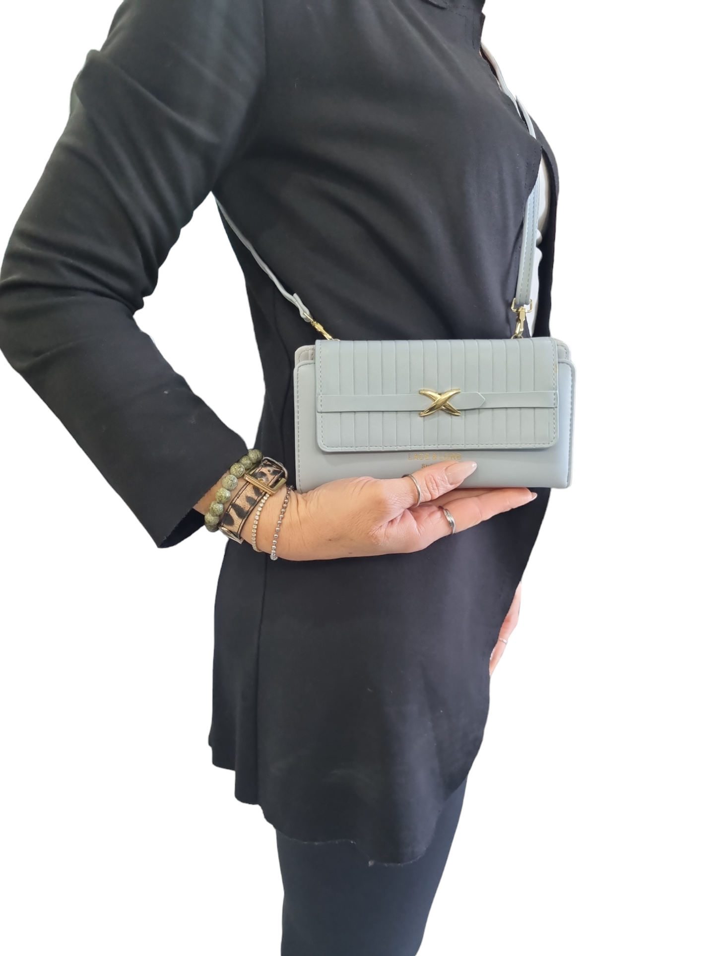 Portafogli tracolla donna celeste polvere beige