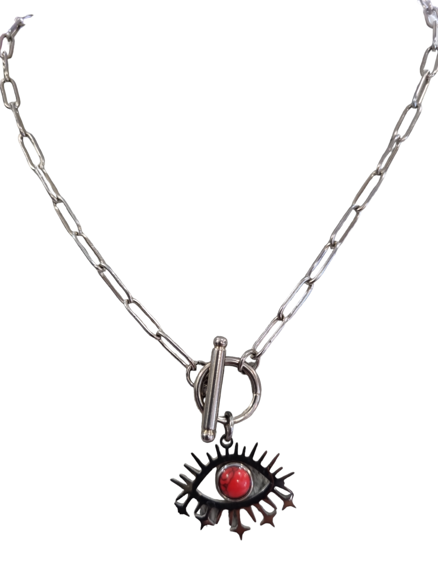 Collana con occhio bianco e rosso portafortuna in acciaio