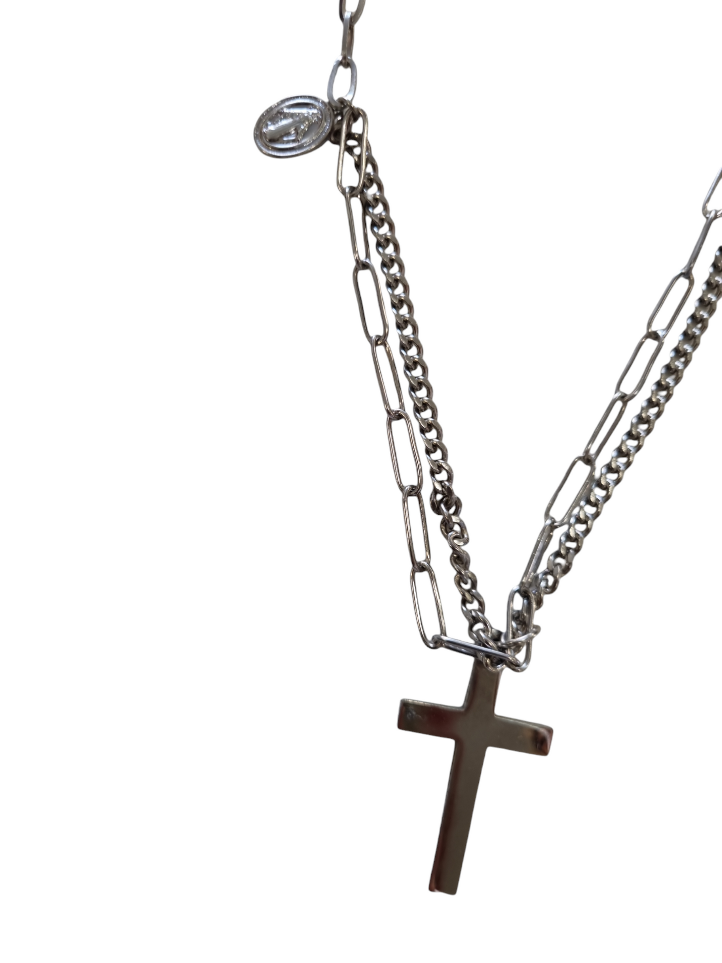 Collana a catena 2 fili in acciaio con croce e madonnina