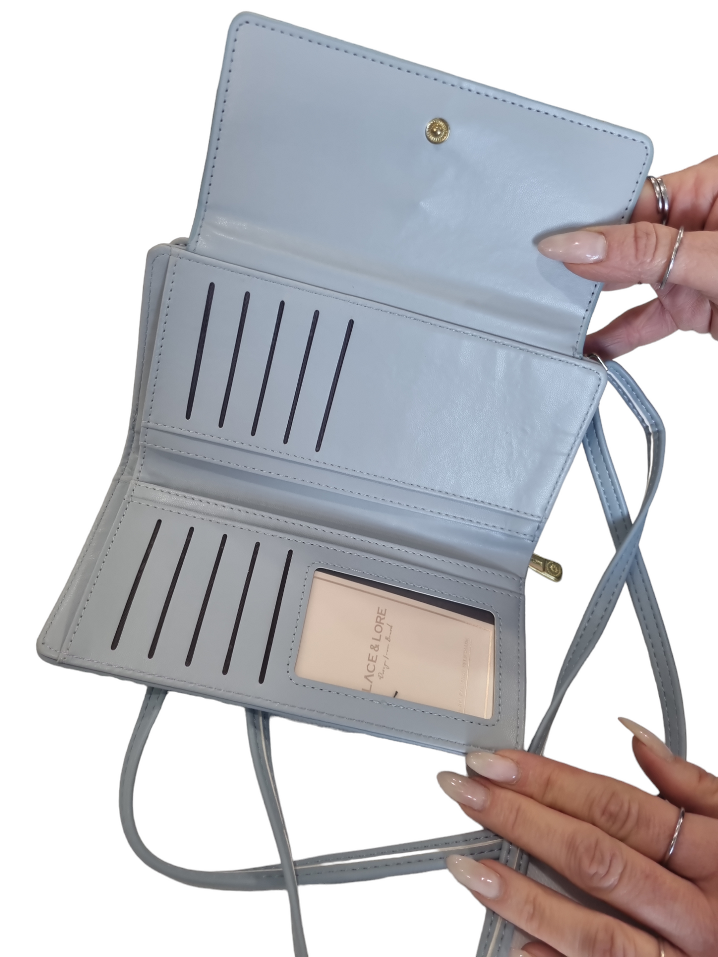 Portafogli tracolla donna celeste polvere beige