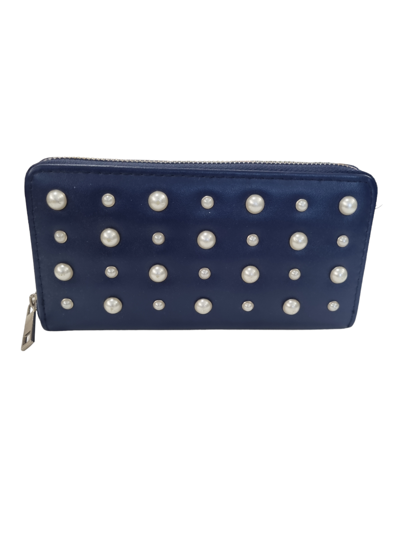 Portafogli rigido donna con zip nero e blu con perle