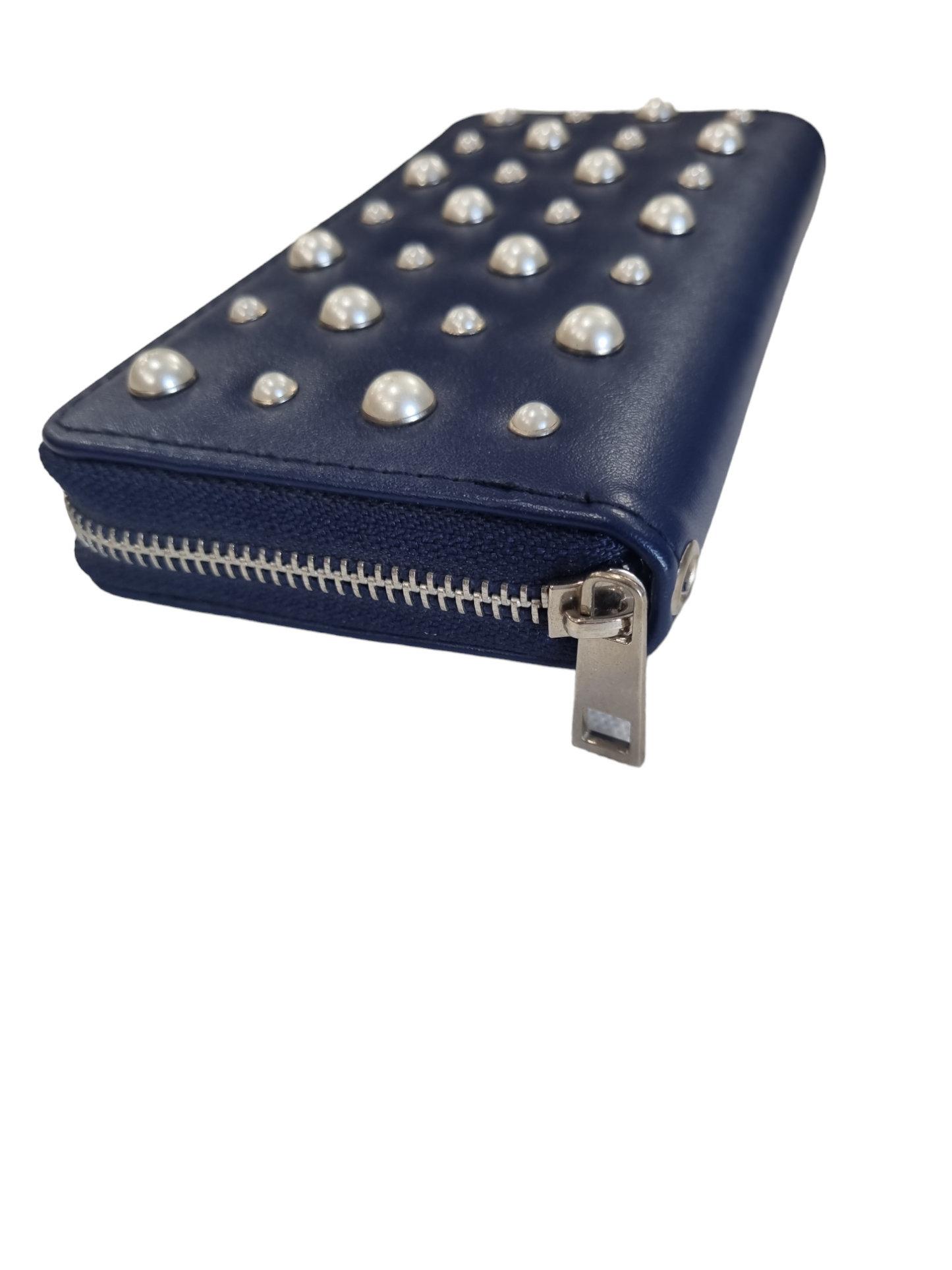Portafogli rigido donna con zip nero e blu con perle