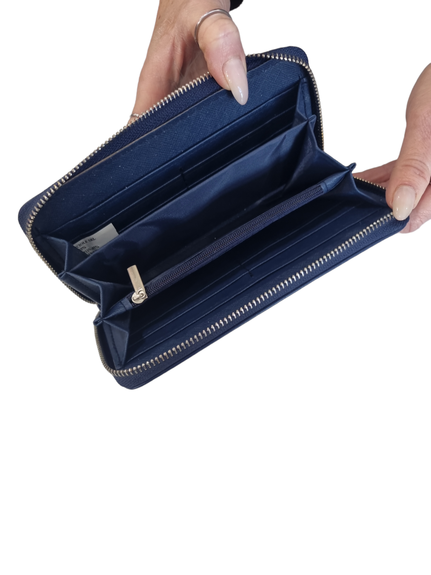 Portafogli rigido donna con zip nero e blu con perle