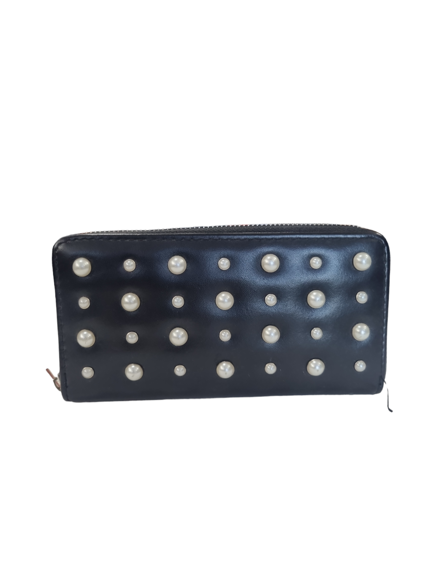 Portafogli rigido donna con zip nero e blu con perle
