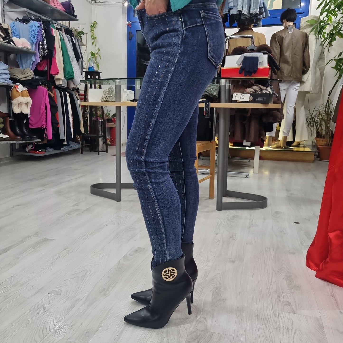 Jeans scuro push up strass vita alta skinny