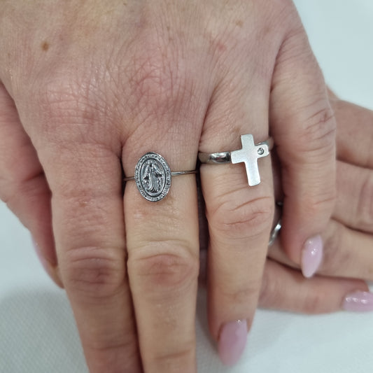 Anello acciaio medaglia madonnina e croce