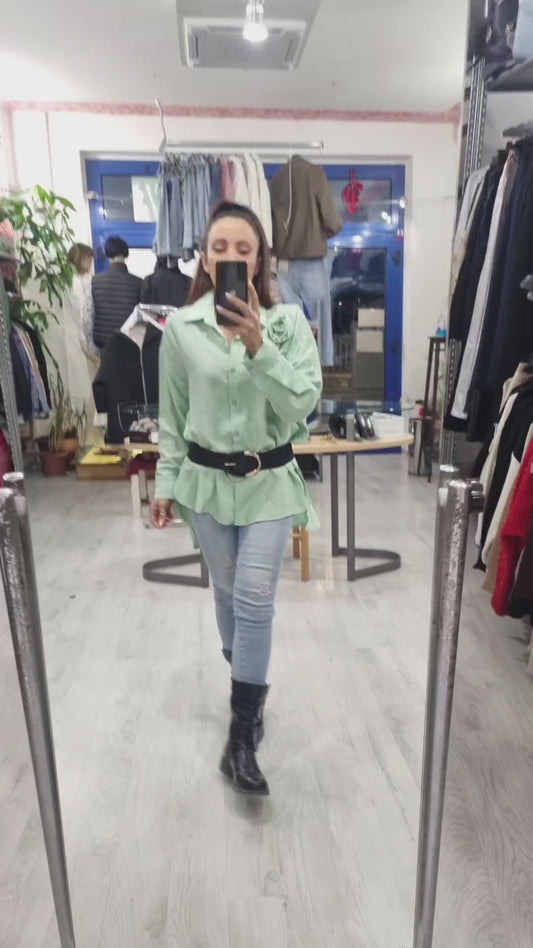 Camicia Oversize verde acqua con rose