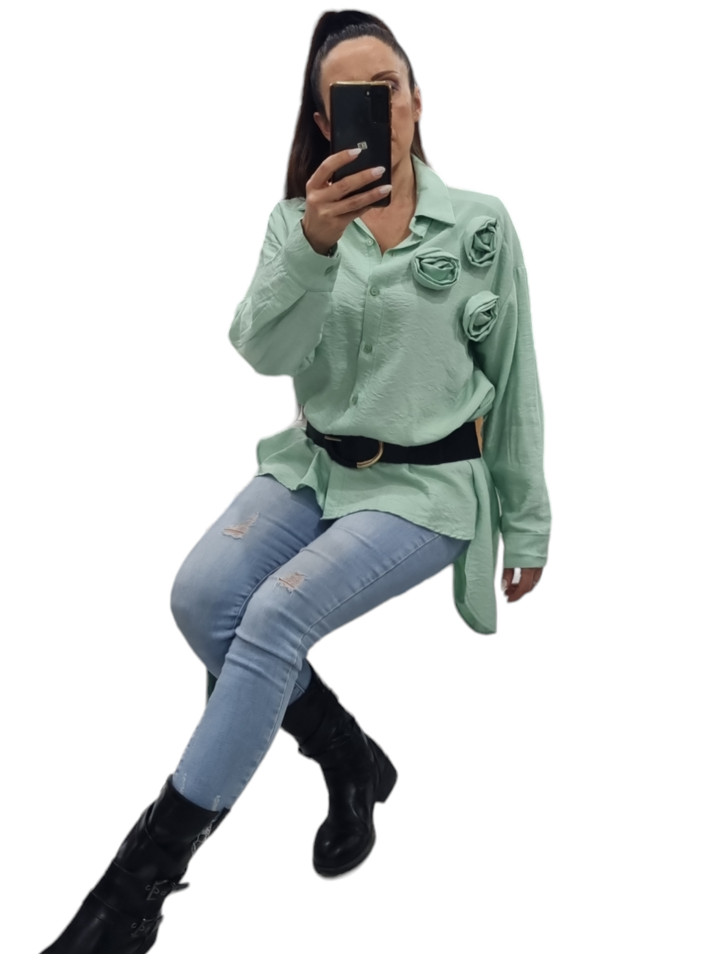 Camicia Oversize verde acqua con rose