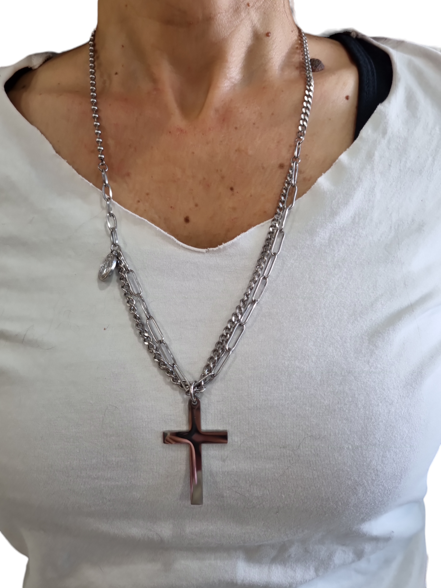 Collana a catena 2 fili  in acciaio con croce e madonnina