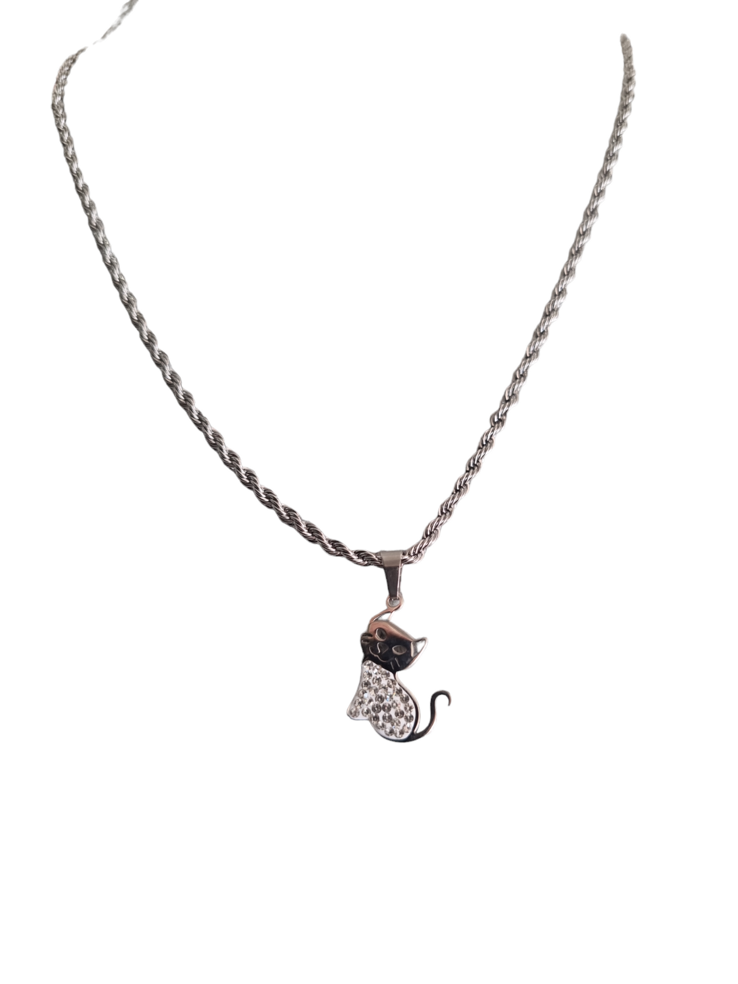 Collana girocollo in acciaio con gatto e strass