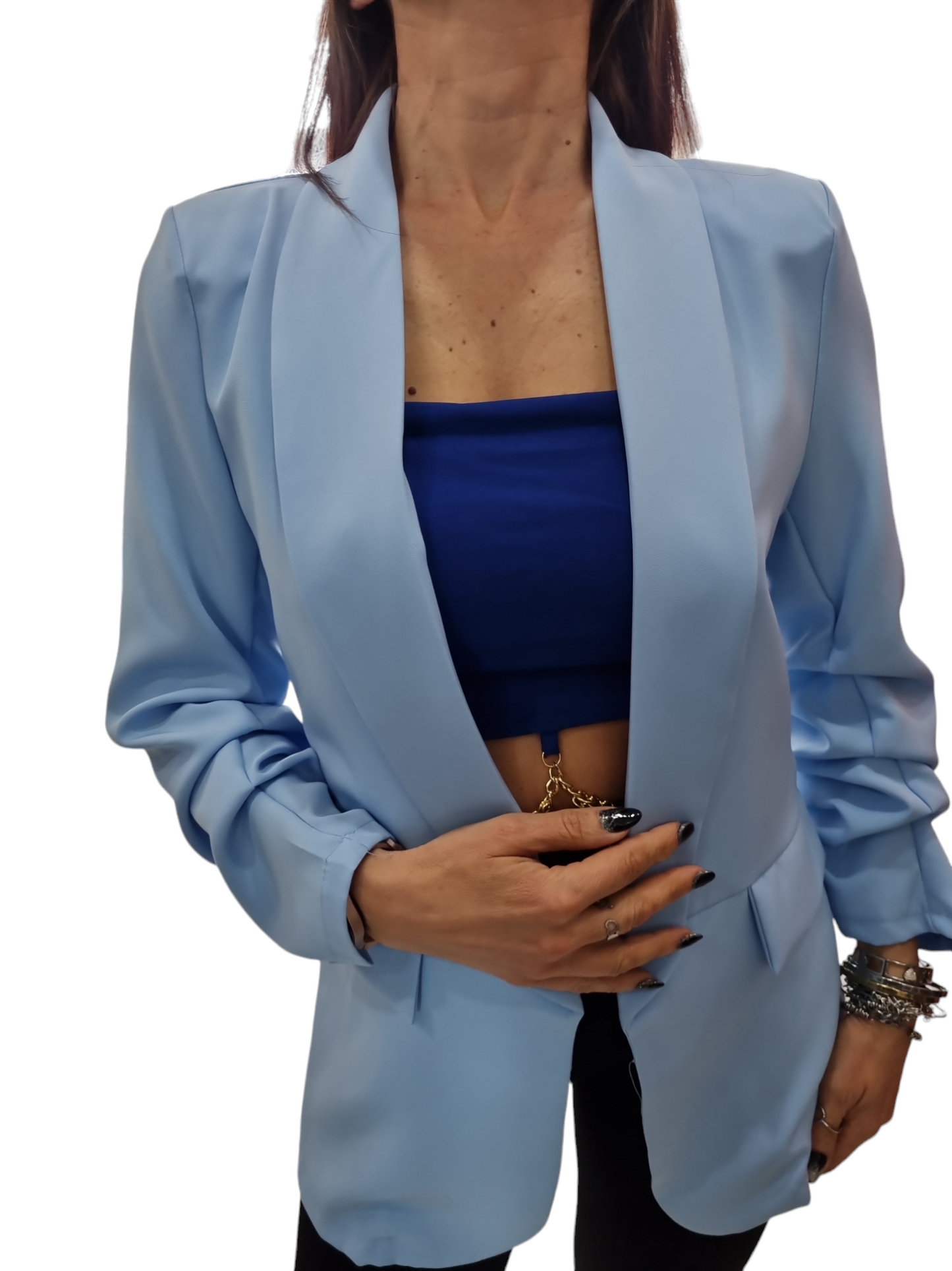 Blazer Giacca manica arricciata nero bianco bluette