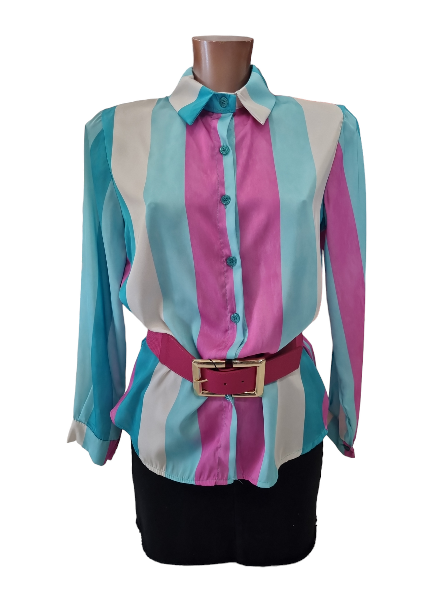 Camicia righe verticale fucsia turchese beige