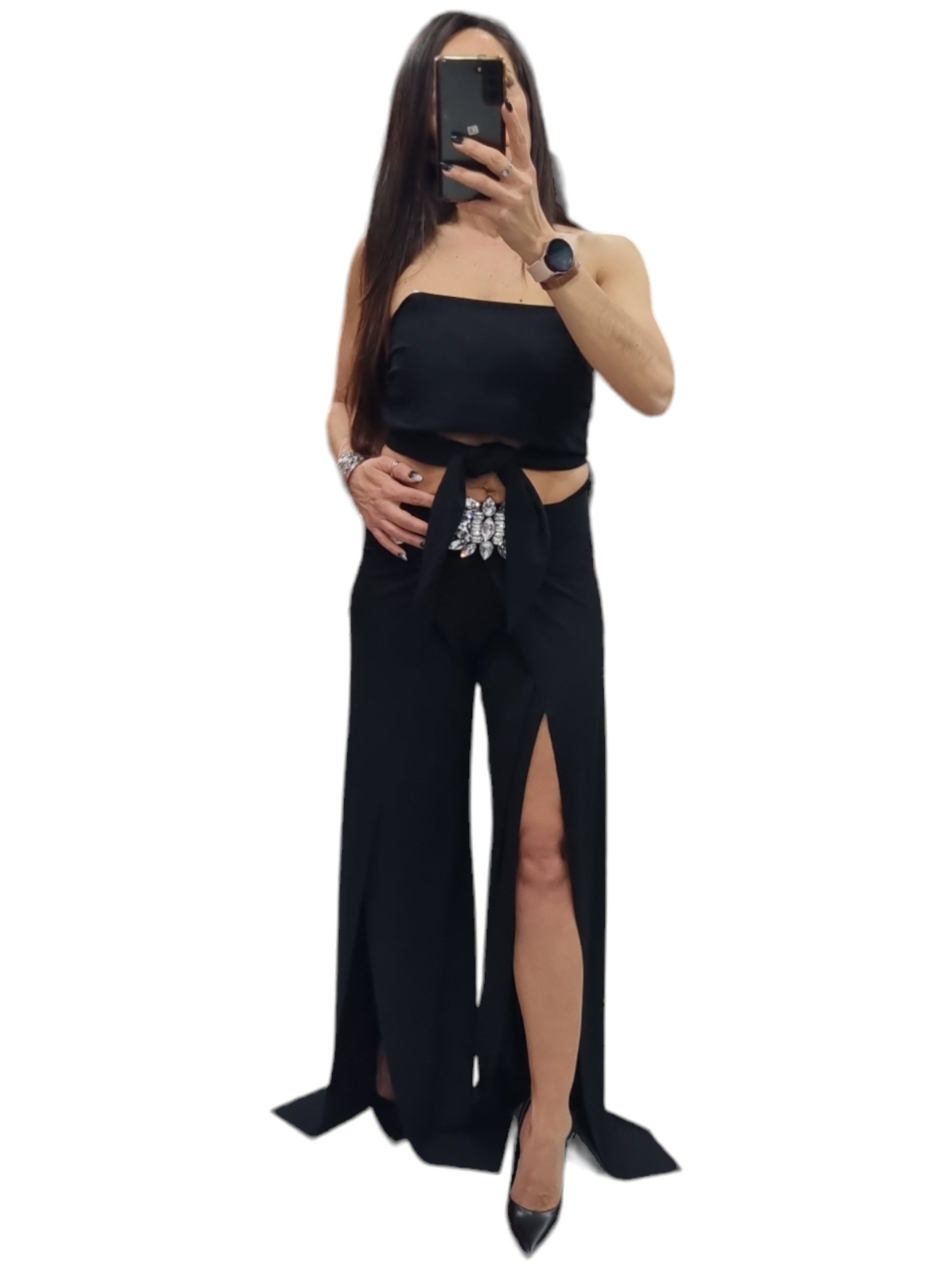 Completo top  crop più pantalone spacchi nero