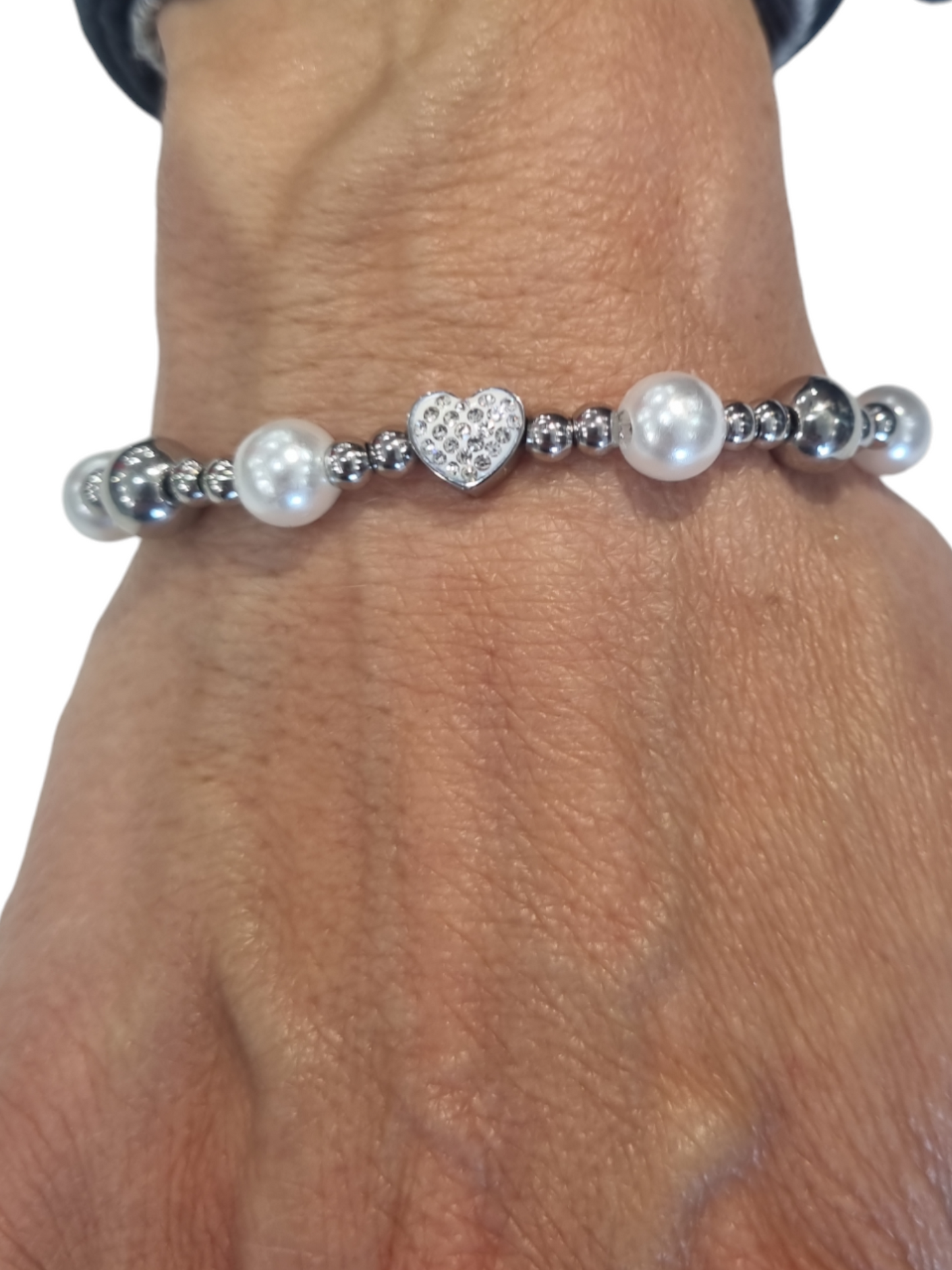 Bracciale in acciaio con perle e cuore con strass