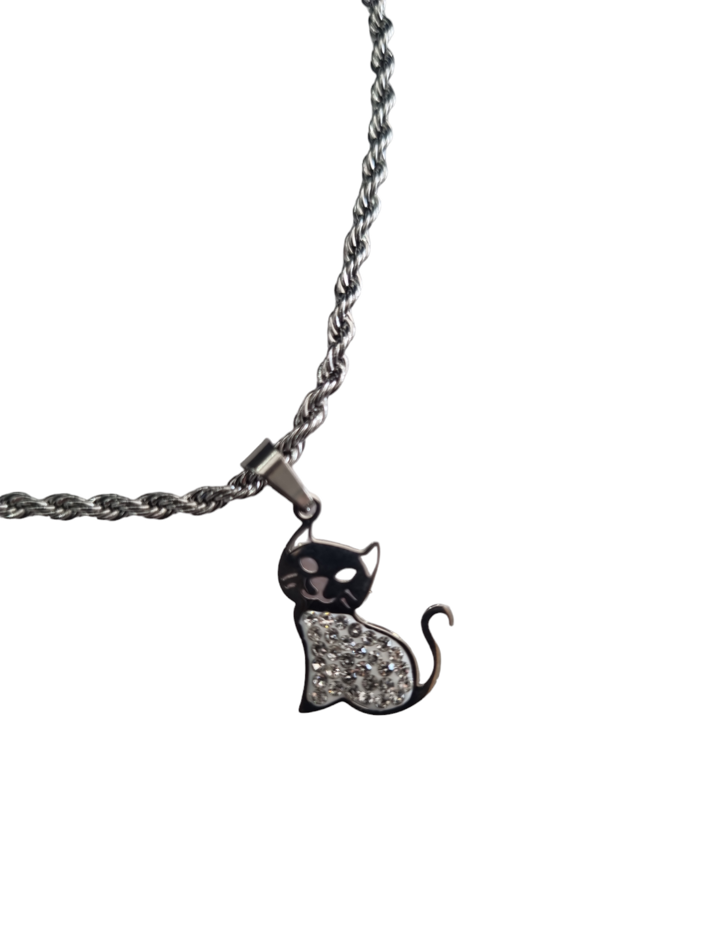 Collana girocollo in acciaio con gatto e strass