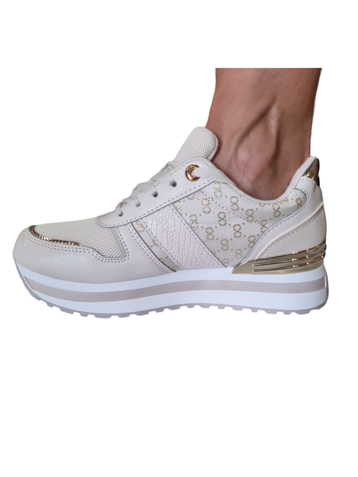 Sneakers avorio con inserito gold