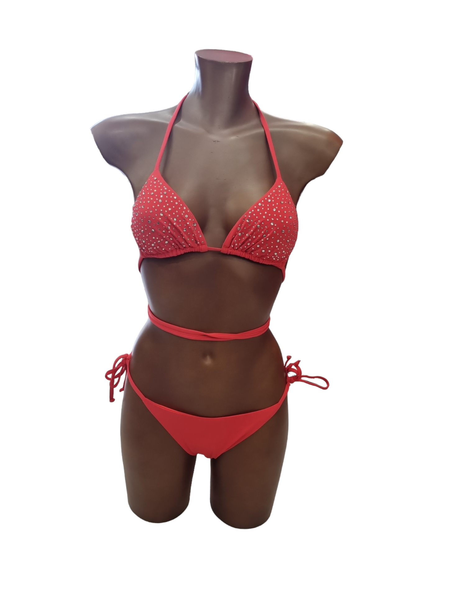 Costume Due pezzi bikini strass rosso corallo e fucsia