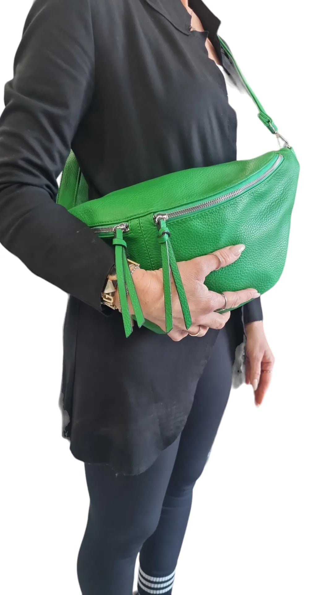 Marsupio grande ecopelle verde e rosa doppia zip