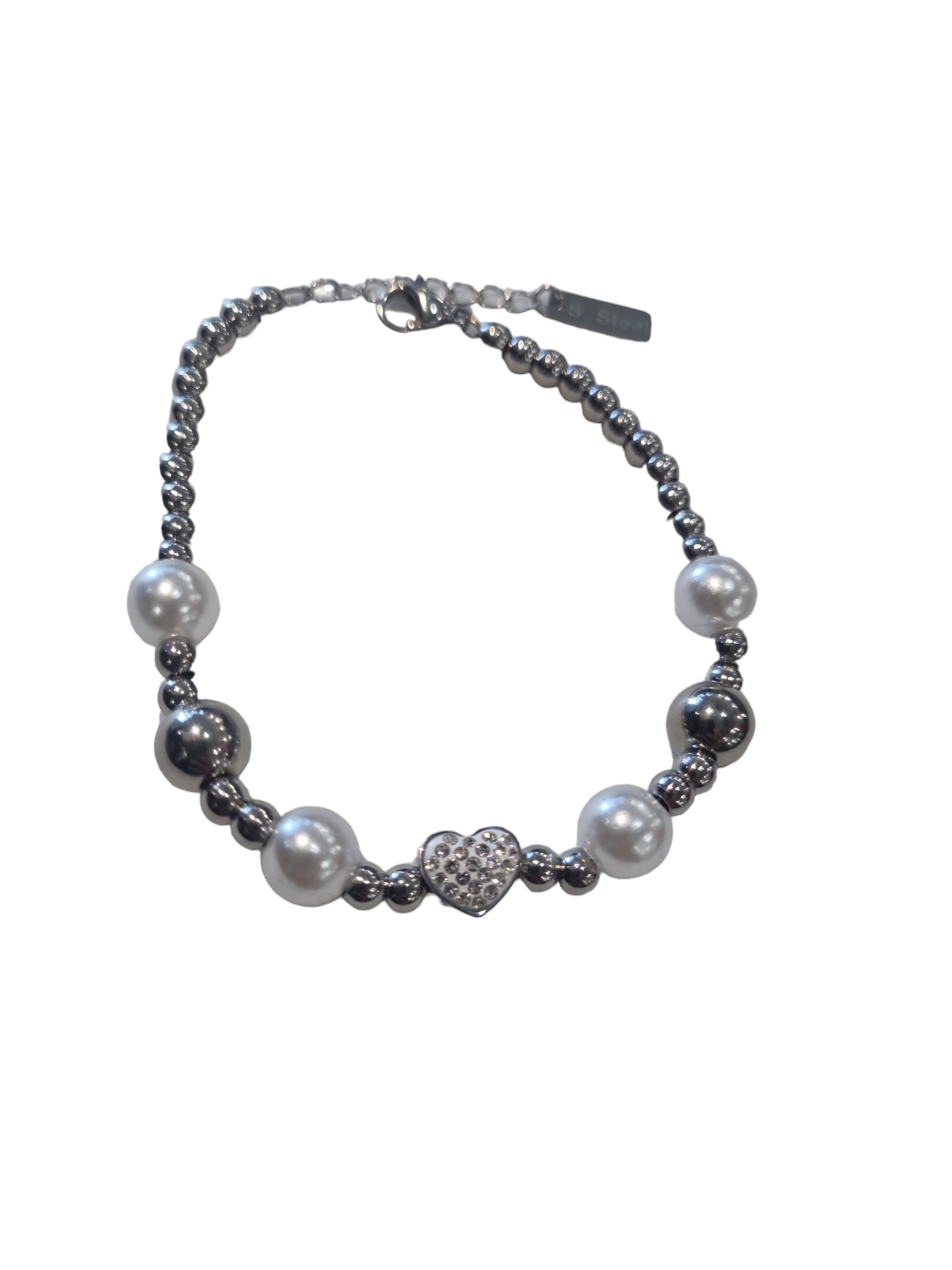 Bracciale in acciaio con perle e cuore con strass