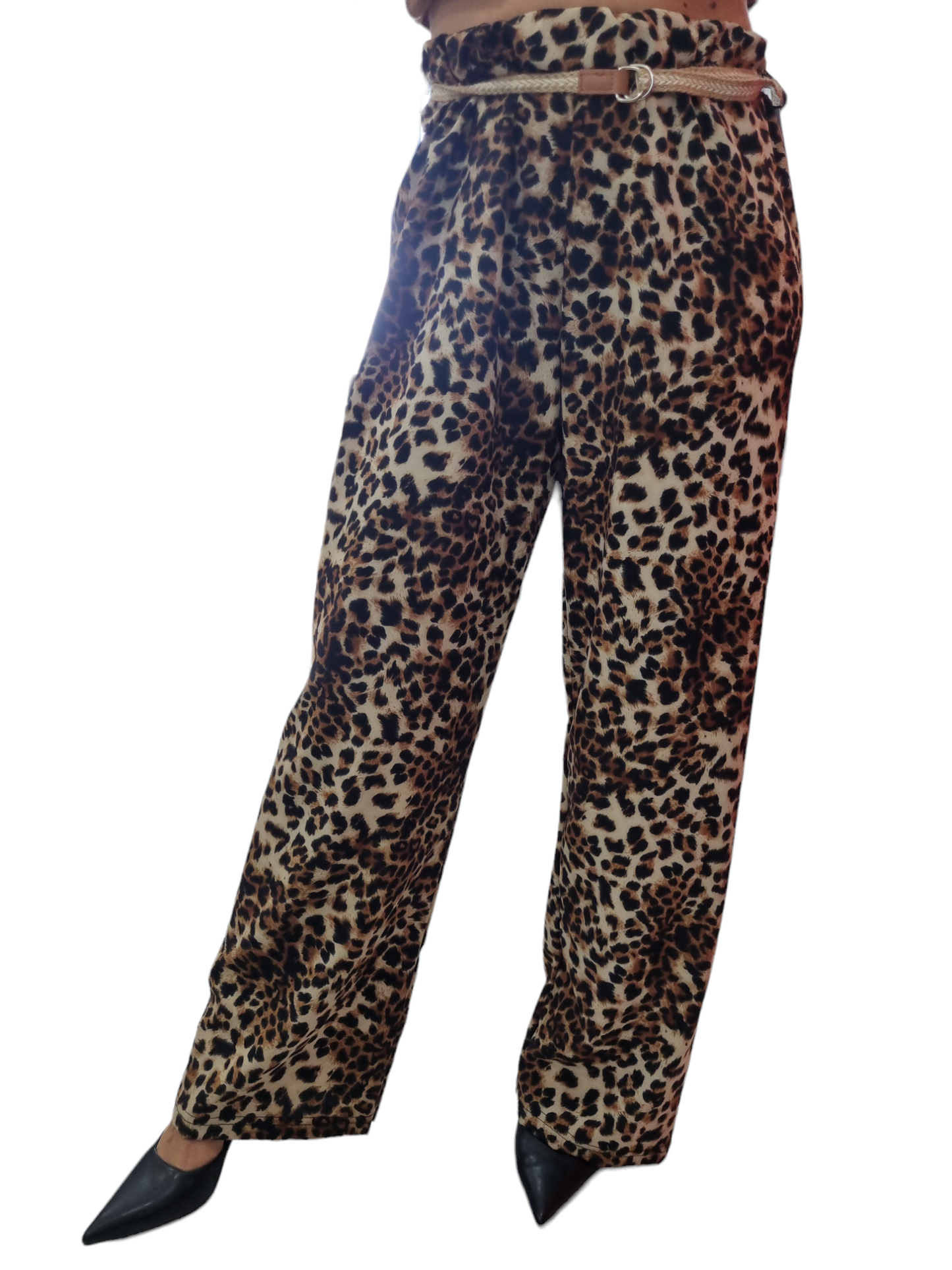 Pantalone largo in viscosa maculato e animalier