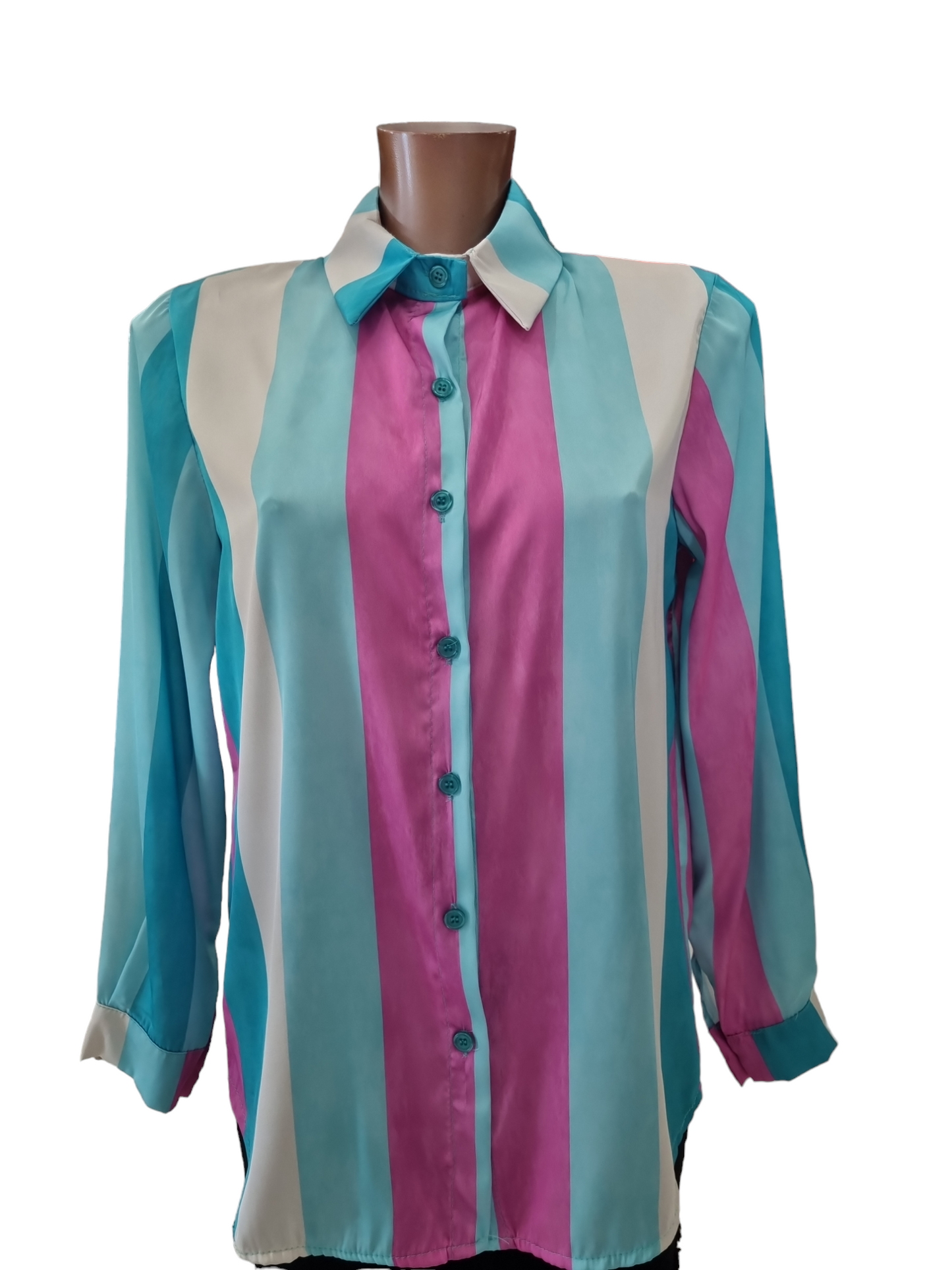 Camicia righe verticale fucsia turchese beige