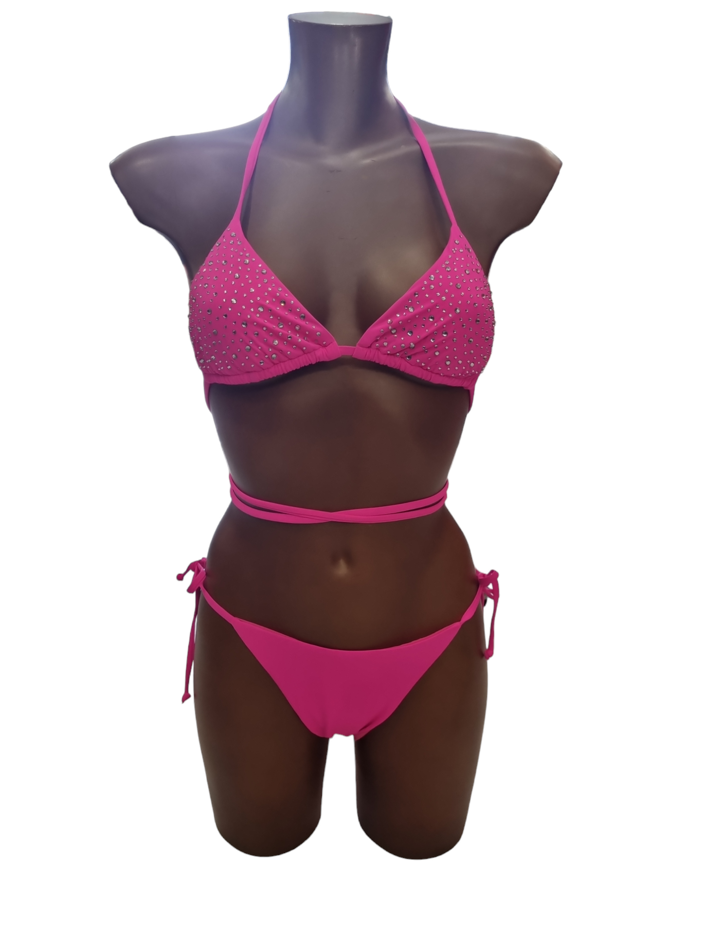 Costume Due pezzi bikini strass rosso corallo e fucsia