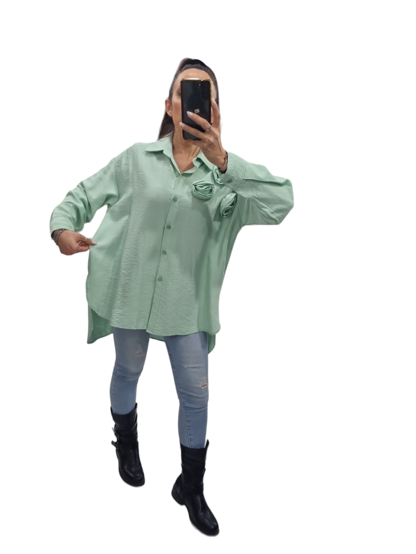 Camicia Oversize verde acqua con rose