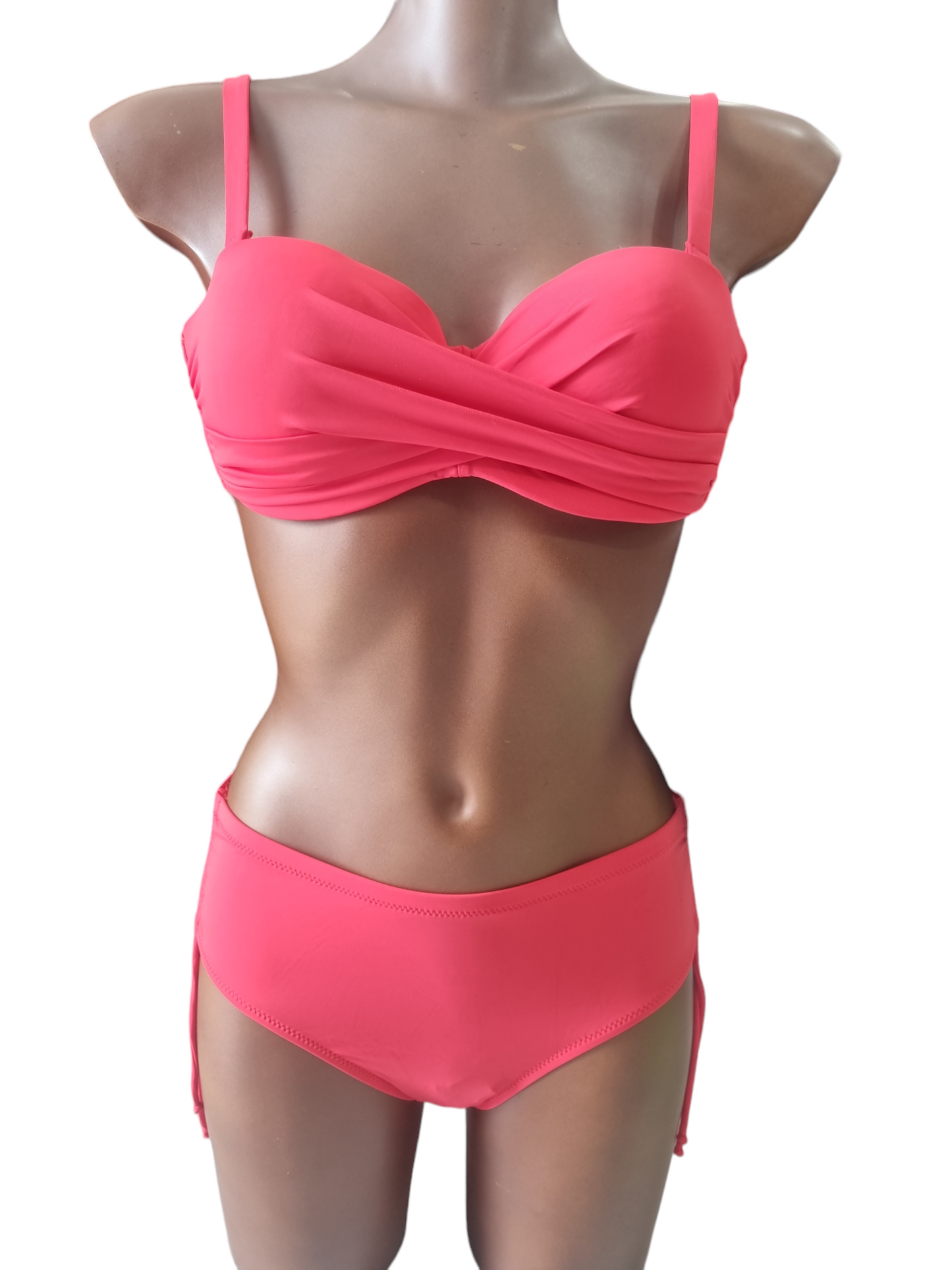 Costume 2 pezzi a fascia con push up e slip a culotte verde fluo e rosso corallo fino alla 52